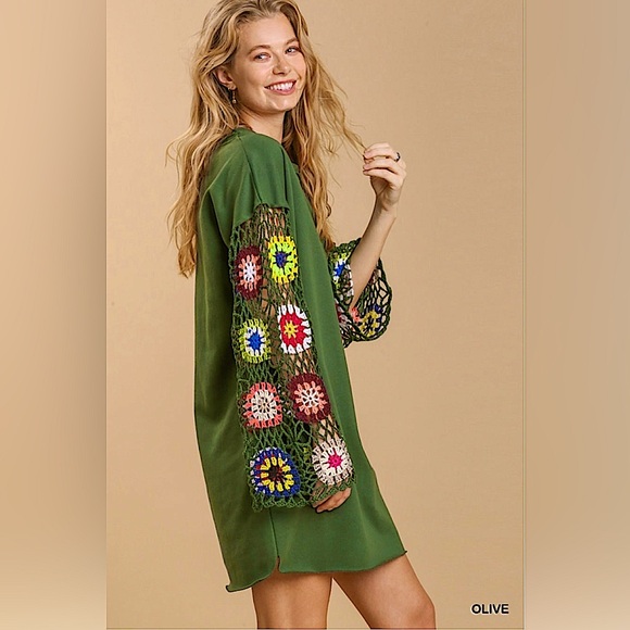 Umgee Crochet Sleeve French Terry Dress in Olive NWOT - Picture 2 of 8